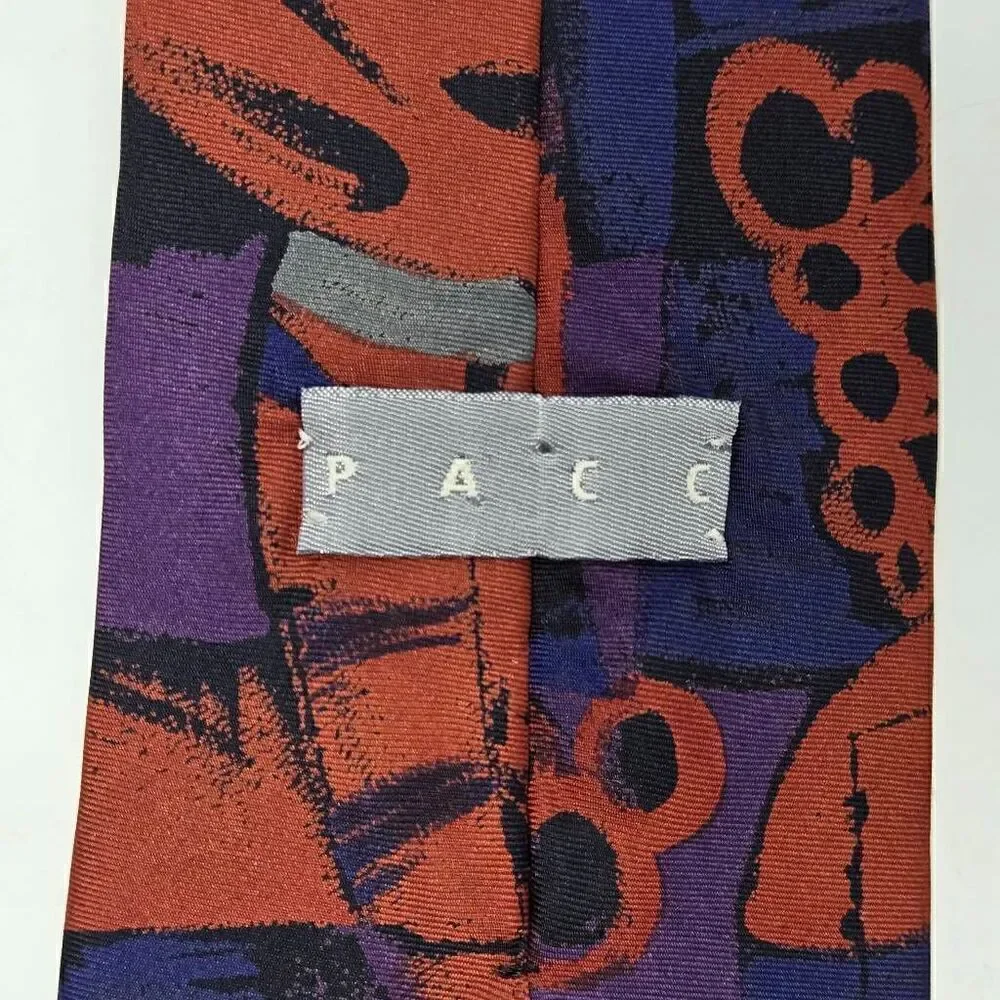 VINTAGE PACC SILK TIE RED BLUE PURPLE GRAY ABSTRACT 80'S 90'S RETRO 3.75